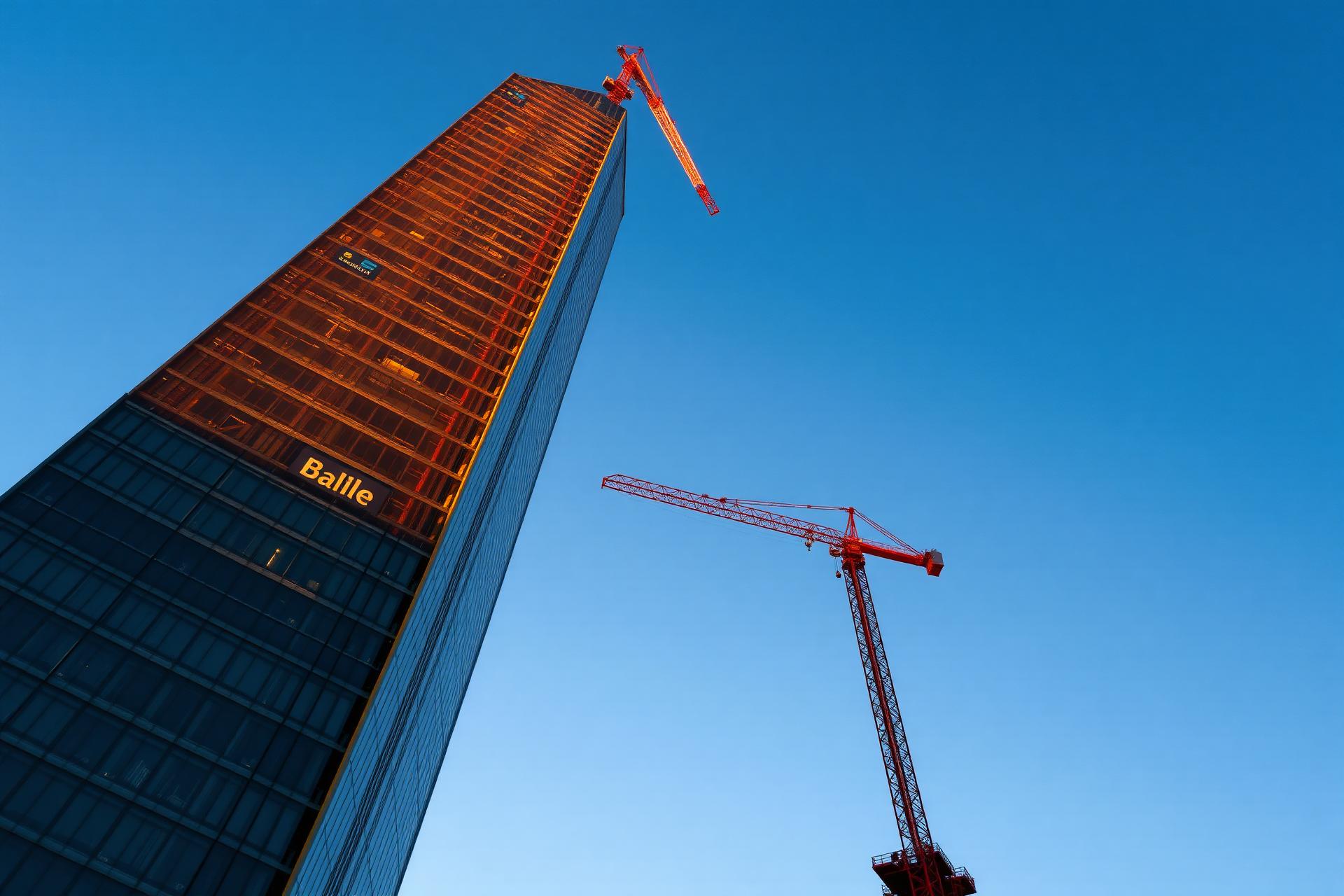 High-rise commercial tower under construction at golden hour, photographed from the street level